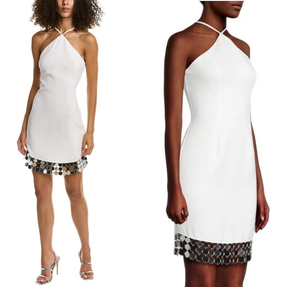 NWT New $395 Liv Foster Disc Fringe Halter Mini Ivory Dress Size 4